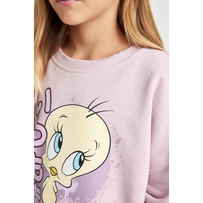 D2983 Looney Tunes Baskılı Oversize Geniş Kalıp Bisiklet Yaka Sweatshirt