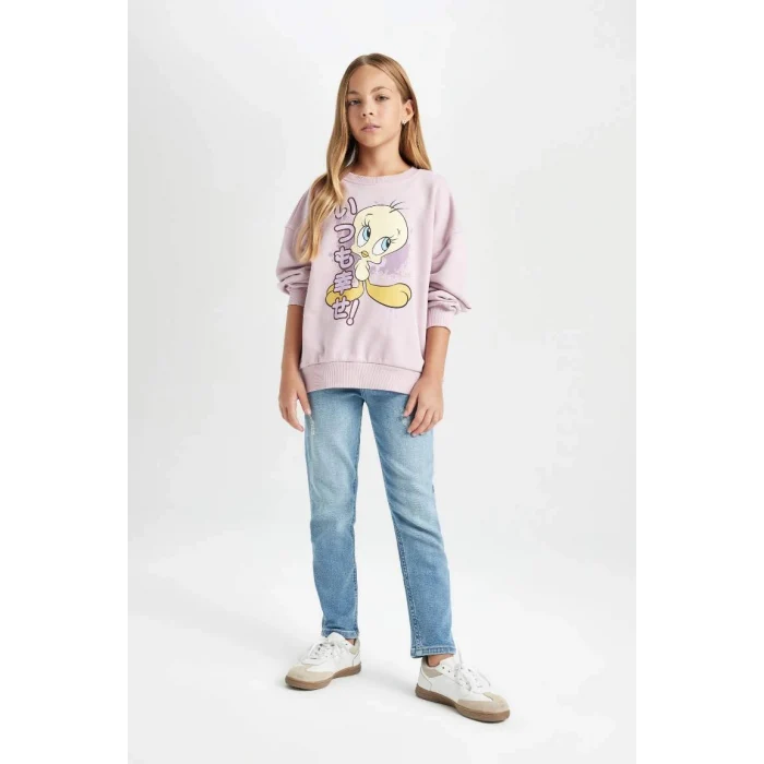 D2983 Looney Tunes Baskılı Oversize Geniş Kalıp Bisiklet Yaka Sweatshirt