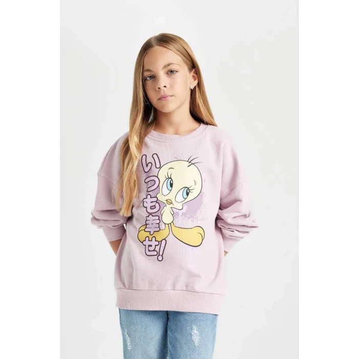 D2983 Looney Tunes Baskılı Oversize Geniş Kalıp Bisiklet Yaka Sweatshirt