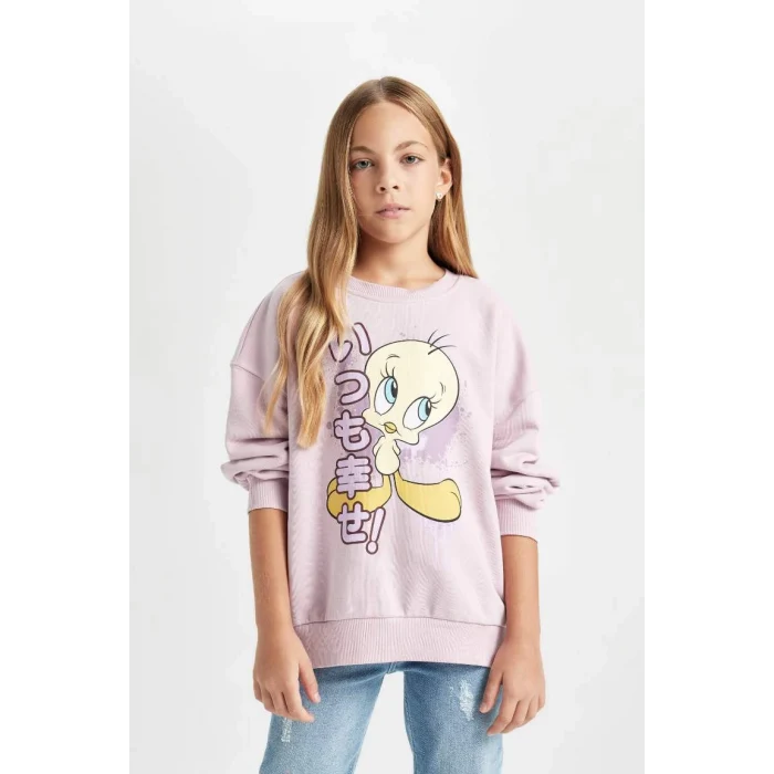 D2983 Looney Tunes Baskılı Oversize Geniş Kalıp Bisiklet Yaka Sweatshirt