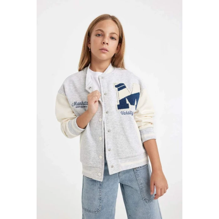 D2988 Baskılı Kolej Yaka Çıtçıt Kapamalı Cepli Mevsimlik Hafif İçi Yumuşak Tüylü Bomber Hırka