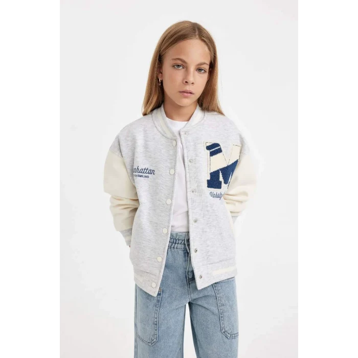 D2988 Baskılı Kolej Yaka Çıtçıt Kapamalı Cepli Mevsimlik Hafif İçi Yumuşak Tüylü Bomber Hırka