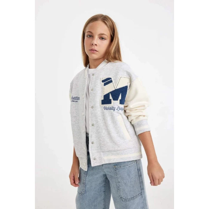 D2988 Baskılı Kolej Yaka Çıtçıt Kapamalı Cepli Mevsimlik Hafif İçi Yumuşak Tüylü Bomber Hırka