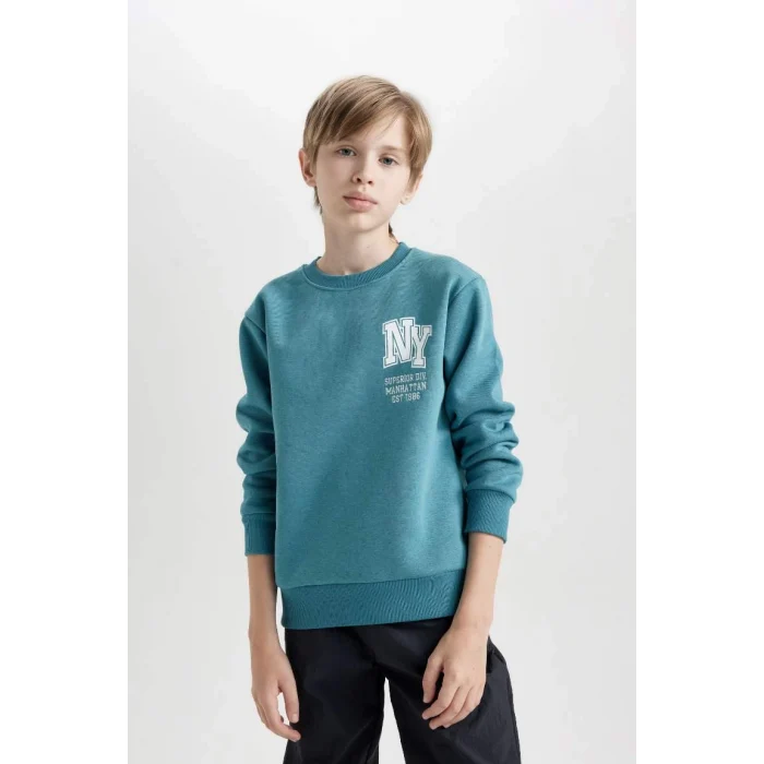 D3026 Erkek Çocuk Baskılı Bisiklet Yaka Kalın Sweatshirt