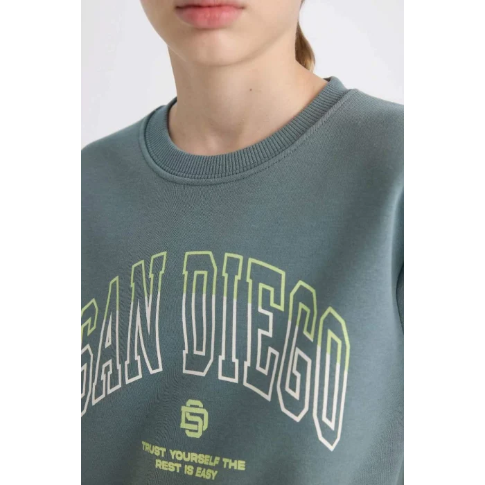D3031 Erkek Çocuk Bisiklet Yaka Baskılı Kalın Sweatshirt