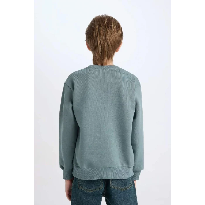 D3031 Erkek Çocuk Bisiklet Yaka Baskılı Kalın Sweatshirt