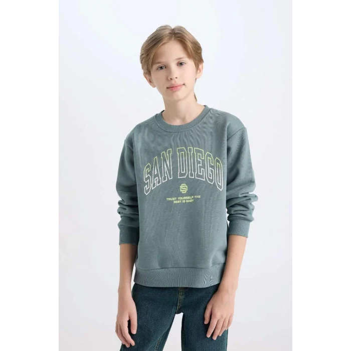 D3031 Erkek Çocuk Bisiklet Yaka Baskılı Kalın Sweatshirt