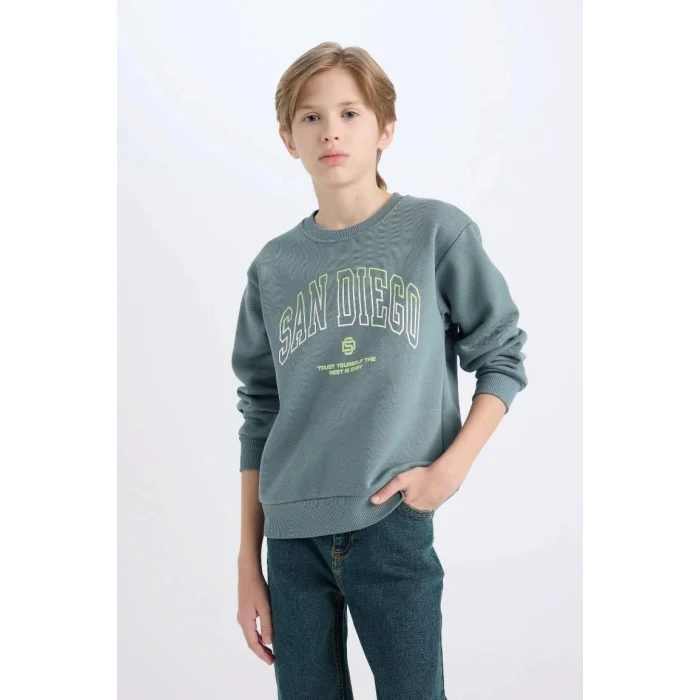 D3031 Erkek Çocuk Bisiklet Yaka Baskılı Kalın Sweatshirt