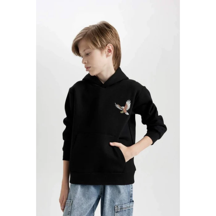 D3032 Kapüşonlu Baskılı Sweatshirt