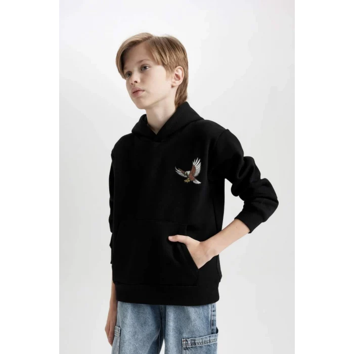 D3032 Kapüşonlu Baskılı Sweatshirt