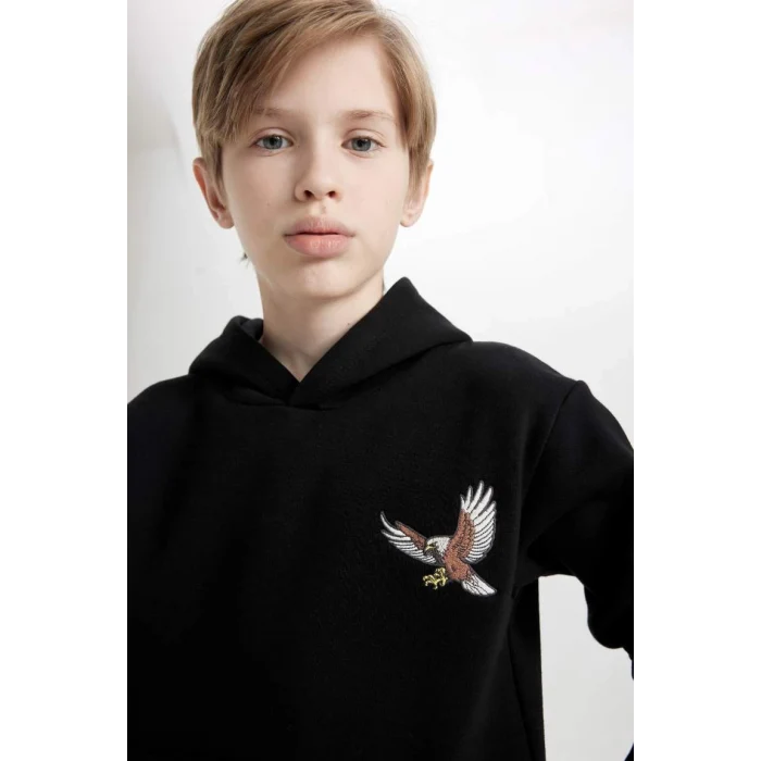 D3032 Kapüşonlu Baskılı Sweatshirt