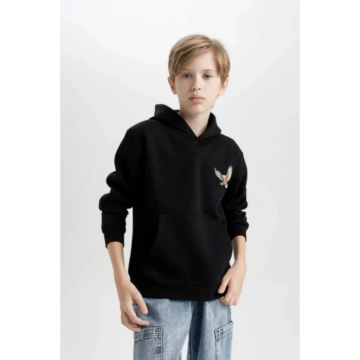 D3032 Kapüşonlu Baskılı Sweatshirt