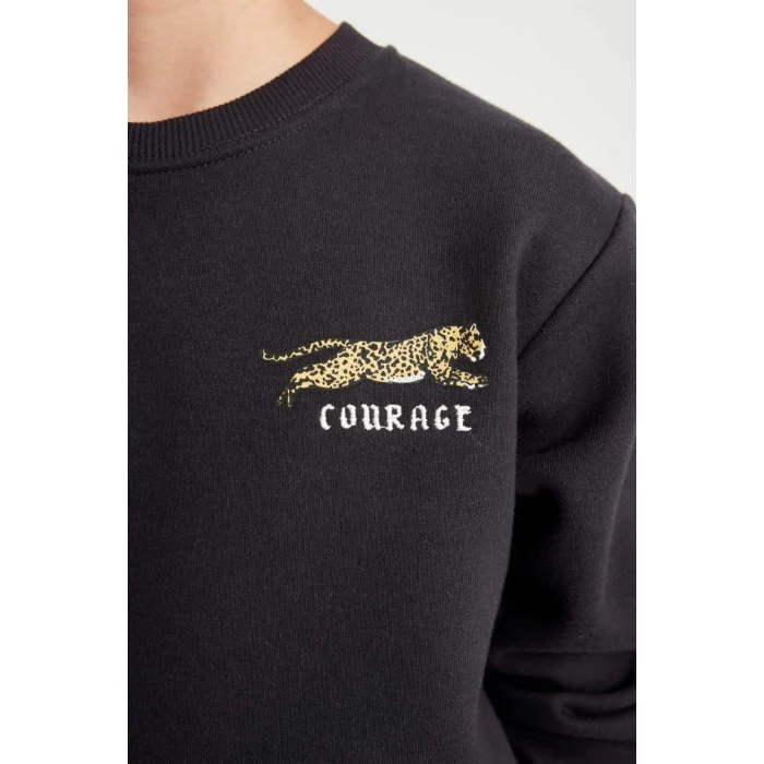 D3091 Baskılı Bisiklet Yaka Baskılı Kalın Siyah Sweatshirt