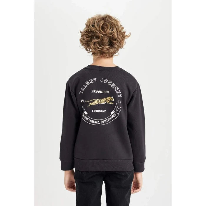 D3091 Baskılı Bisiklet Yaka Baskılı Kalın Siyah Sweatshirt