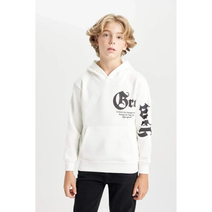 D3097 Kapüşonlu Slogan Baskılı Kalın Sweatshirt