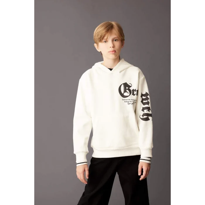 D3097 Kapüşonlu Slogan Baskılı Kalın Sweatshirt