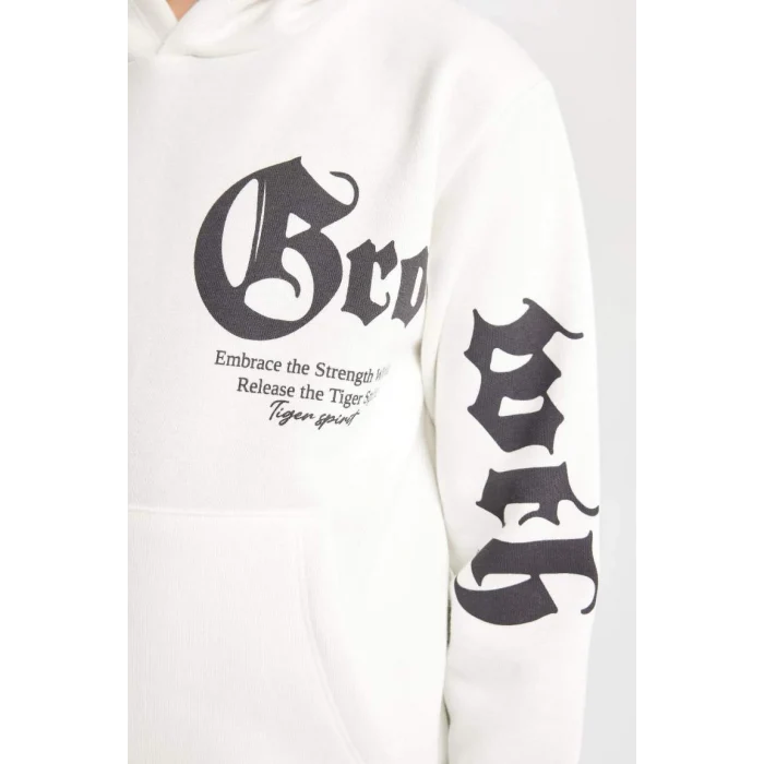 D3097 Kapüşonlu Slogan Baskılı Kalın Sweatshirt