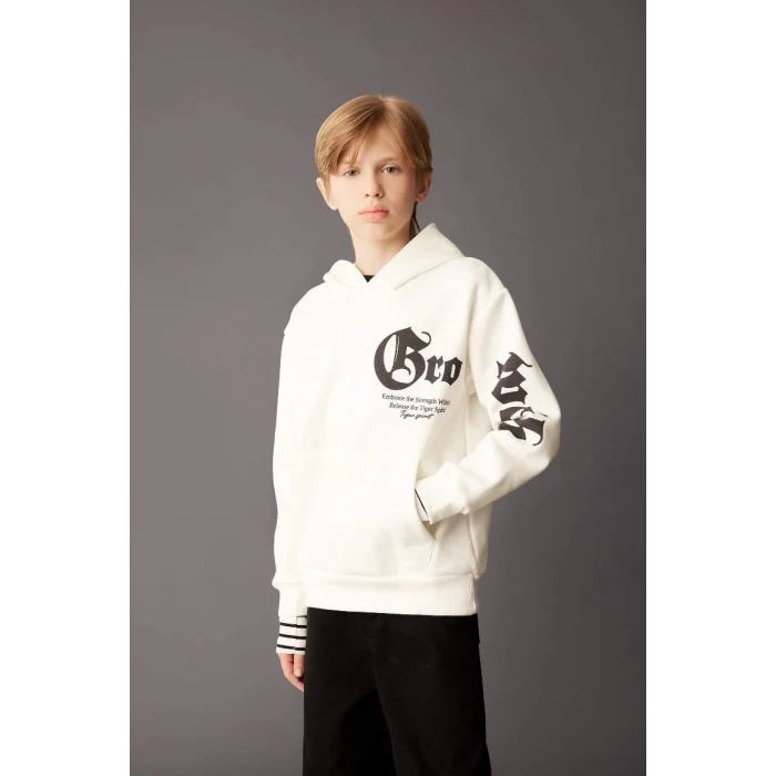 D3097 Kapüşonlu Slogan Baskılı Kalın Sweatshirt