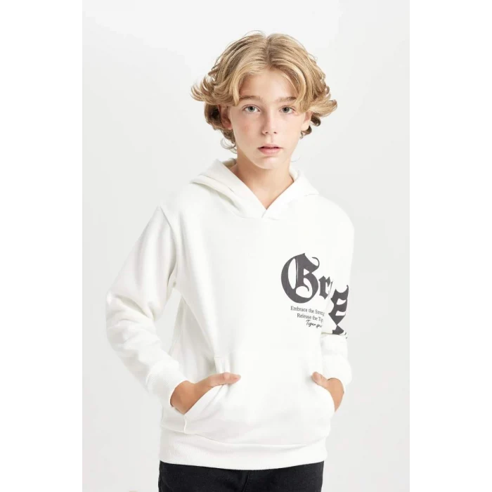 D3097 Kapüşonlu Slogan Baskılı Kalın Sweatshirt