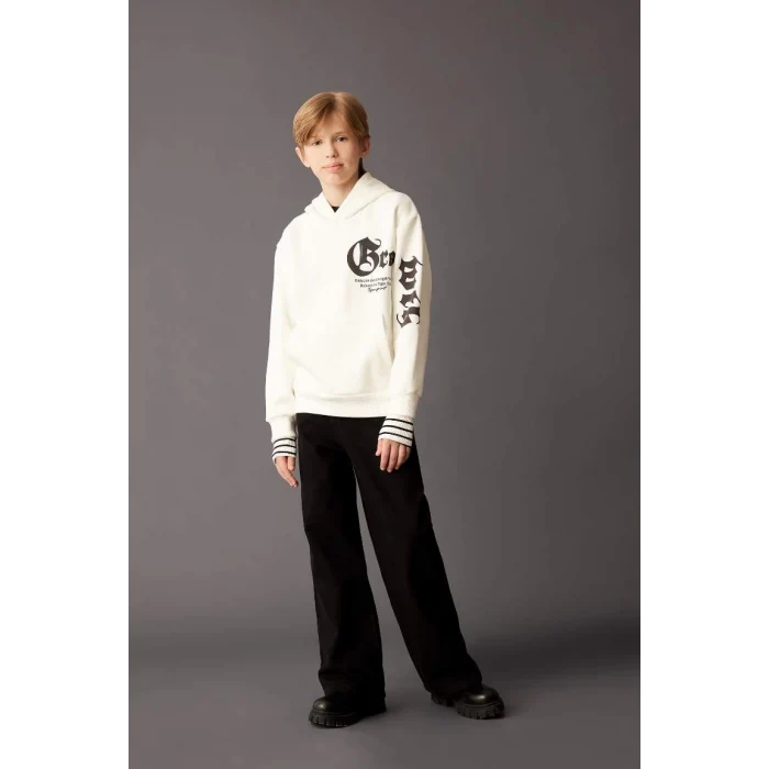 D3097 Kapüşonlu Slogan Baskılı Kalın Sweatshirt