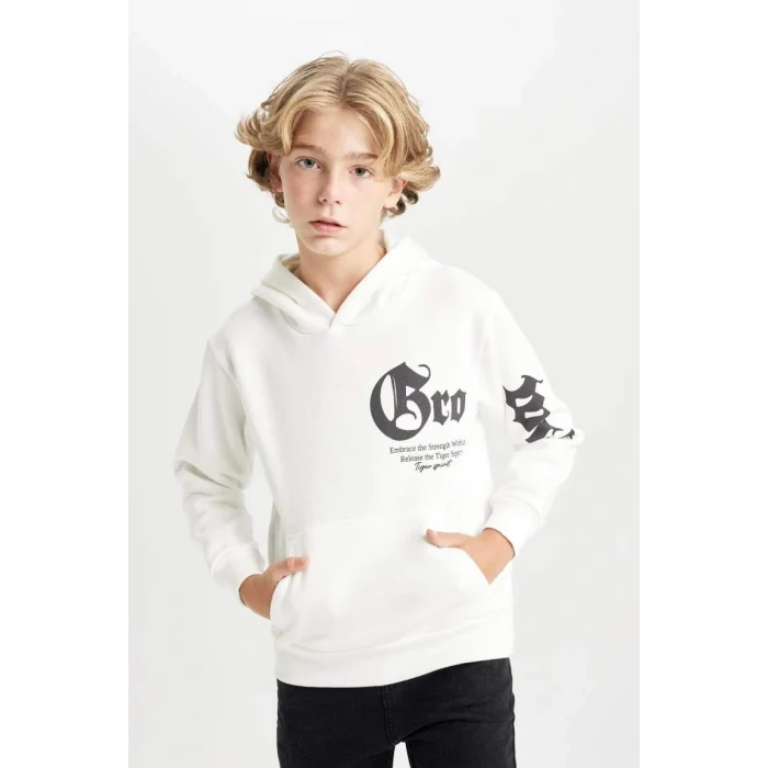 D3097 Kapüşonlu Slogan Baskılı Kalın Sweatshirt