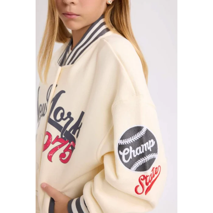 D3109 Baskılı Kolej Yaka Bomber Kalın İçi Yumuşak Tüylü Hırka