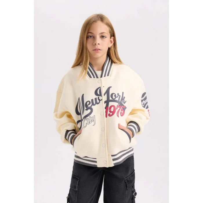 D3109 Baskılı Kolej Yaka Bomber Kalın İçi Yumuşak Tüylü Hırka