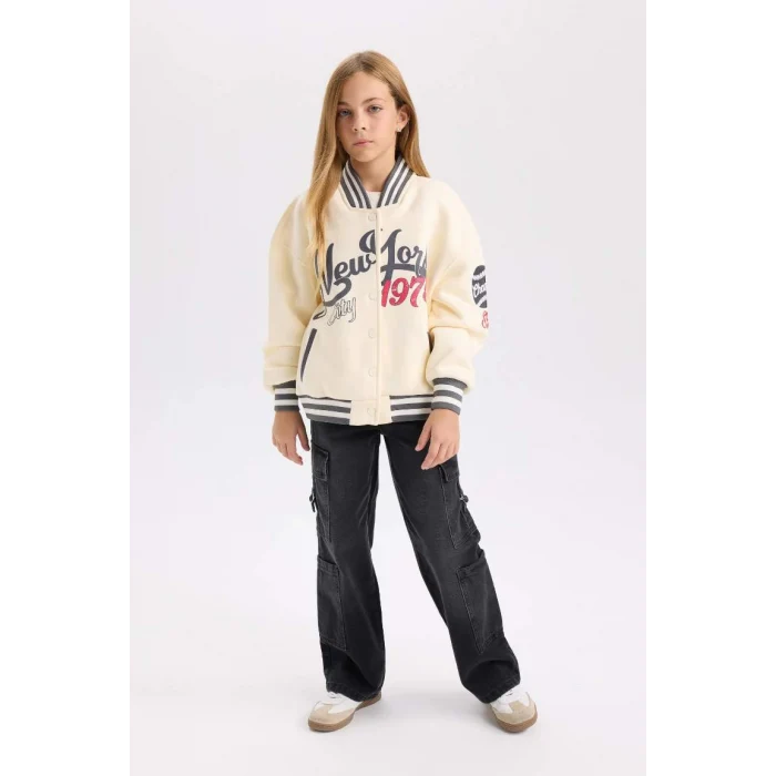 D3109 Baskılı Kolej Yaka Bomber Kalın İçi Yumuşak Tüylü Hırka