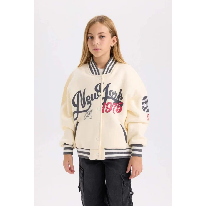 D3109 Baskılı Kolej Yaka Bomber Kalın İçi Yumuşak Tüylü Hırka