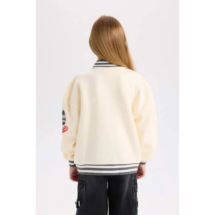 D3109 Baskılı Kolej Yaka Bomber Kalın İçi Yumuşak Tüylü Hırka