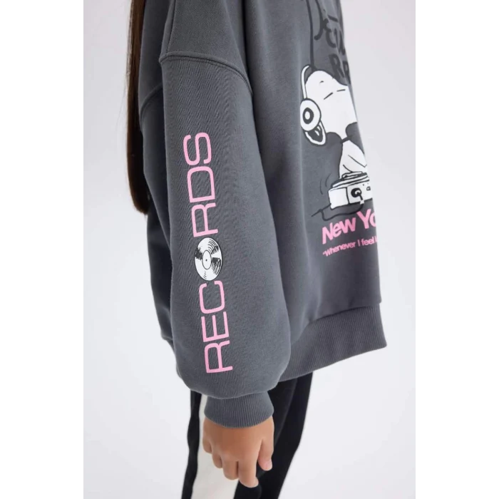 D3110 Kız Çocuk Snoopy Oversize Geniş Kalıp Kapüşonlu Sweatshirt