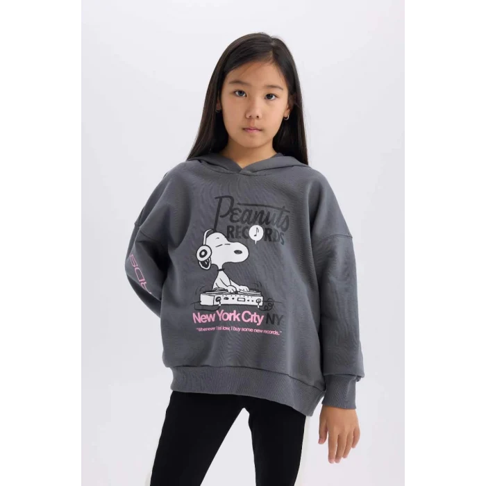 D3110 Kız Çocuk Snoopy Oversize Geniş Kalıp Kapüşonlu Sweatshirt