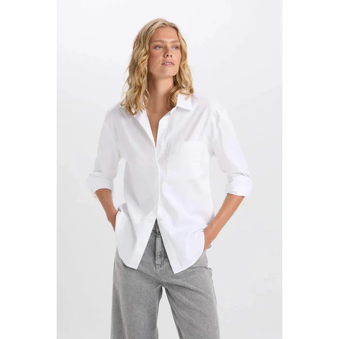 D3129 Oversize Geniş Kalıp Cepli Basic Düz Poplin Uzun Kollu Beyaz Gömlek