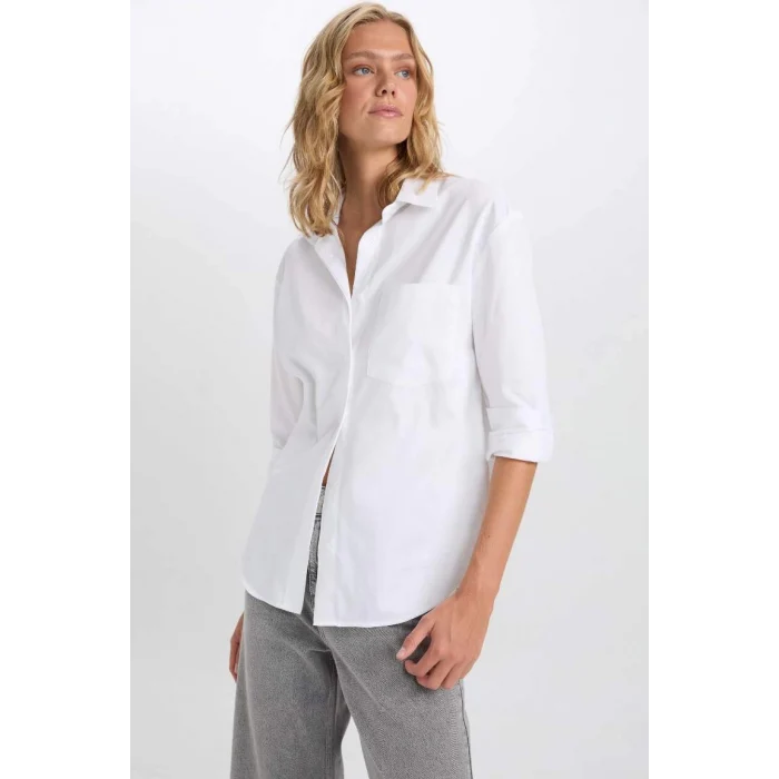 D3129 Oversize Geniş Kalıp Cepli Basic Düz Poplin Uzun Kollu Beyaz Gömlek