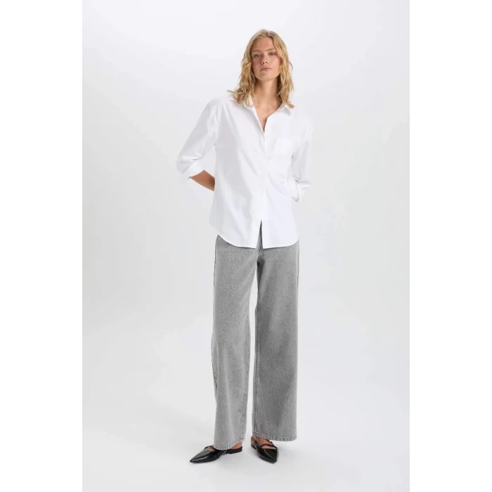 D3129 Oversize Geniş Kalıp Cepli Basic Düz Poplin Uzun Kollu Beyaz Gömlek