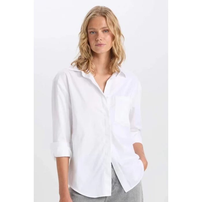 D3129 Oversize Geniş Kalıp Cepli Basic Düz Poplin Uzun Kollu Beyaz Gömlek