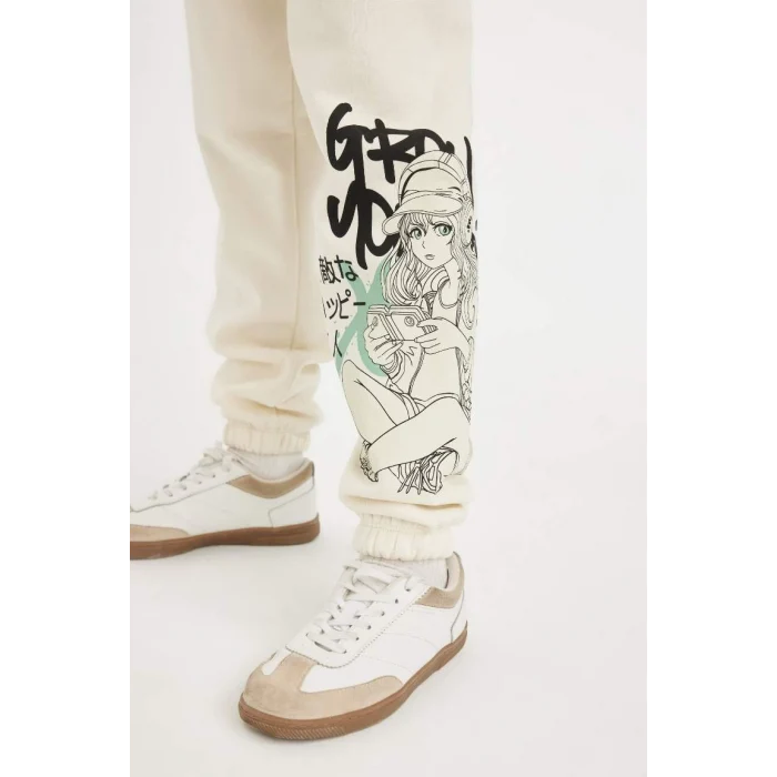 D3207 Beli Paçası Lastikli Baskılı Jogger Eşofman Altı