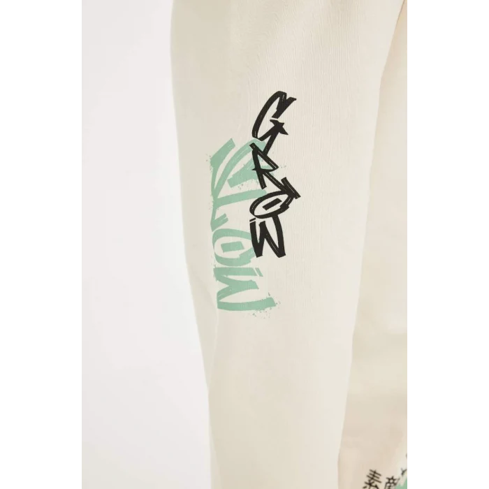 D3207 Beli Paçası Lastikli Baskılı Jogger Eşofman Altı