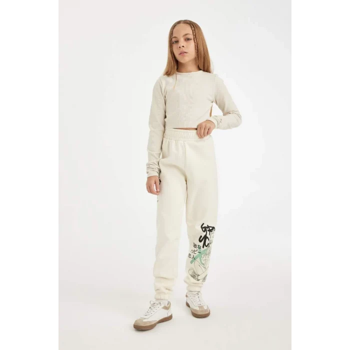 D3207 Beli Paçası Lastikli Baskılı Jogger Eşofman Altı