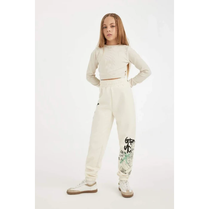D3207 Beli Paçası Lastikli Baskılı Jogger Eşofman Altı