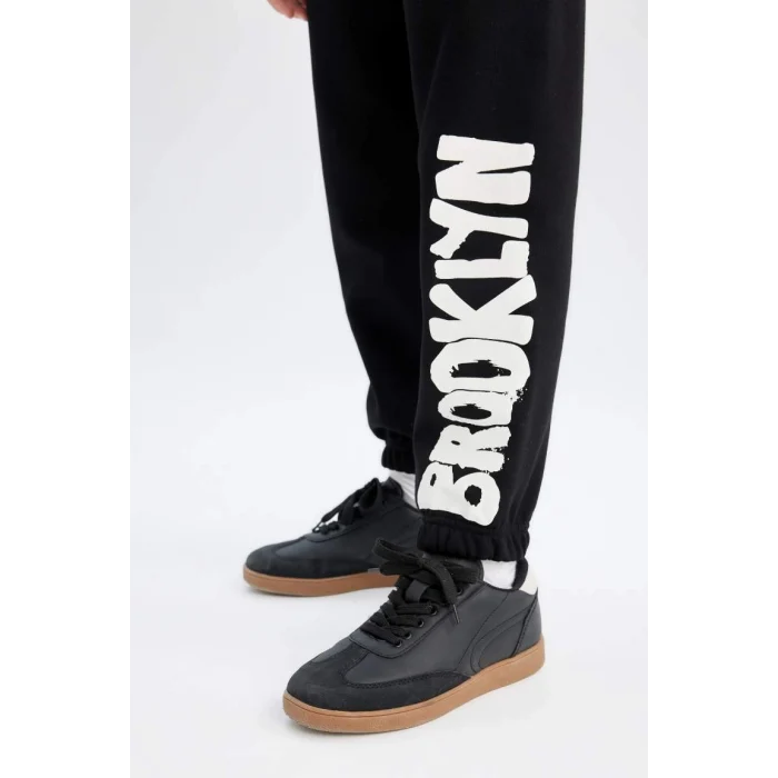 D3209 Baskılı Beli Paçası Lastikli Siyah Jogger Eşofman Altı