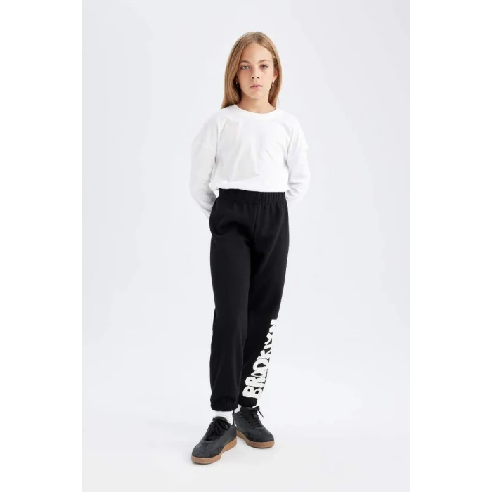 D3209 Baskılı Beli Paçası Lastikli Siyah Jogger Eşofman Altı