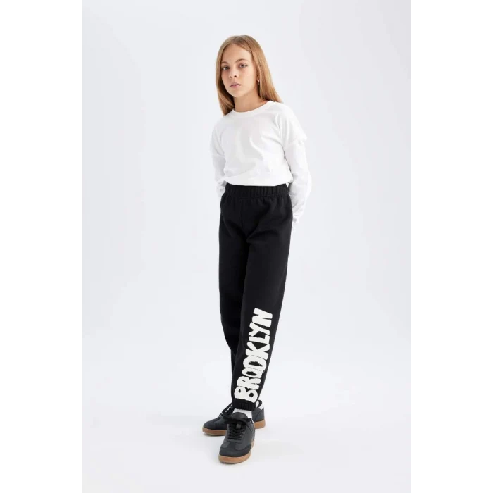 D3209 Baskılı Beli Paçası Lastikli Siyah Jogger Eşofman Altı