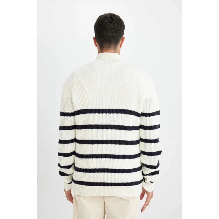 D3274 Standart Fit Dik Yaka Yarım Fermuarlı Çizgili Triko Kazak