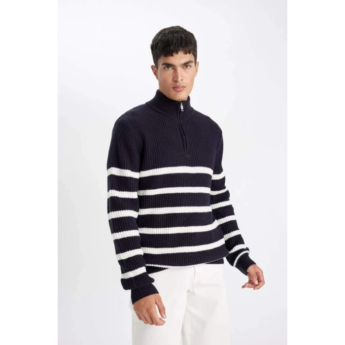 D3274 Standart Fit Dik Yaka Yarım Fermuarlı Çizgili Triko Kazak