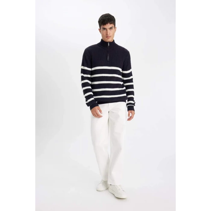 D3274 Standart Fit Dik Yaka Yarım Fermuarlı Çizgili Triko Kazak