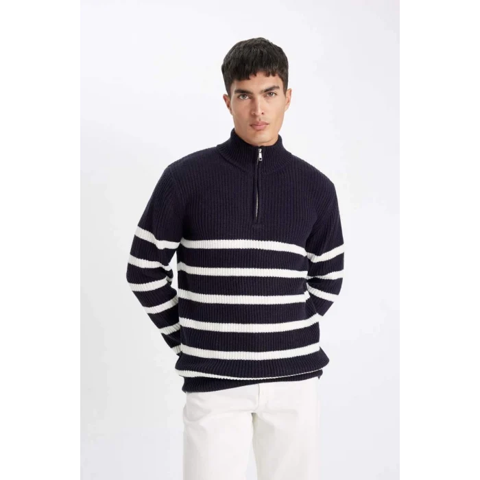 D3274 Standart Fit Dik Yaka Yarım Fermuarlı Çizgili Triko Kazak