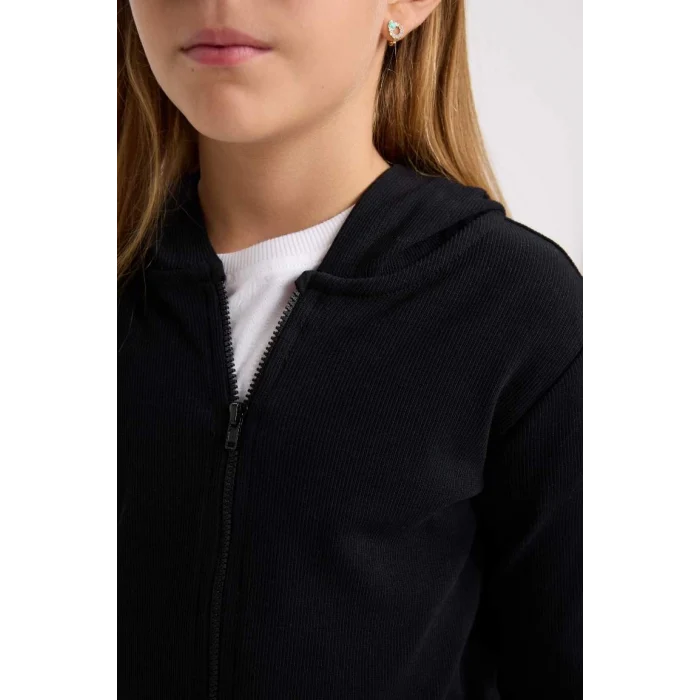 D3350 Kapüşonlu Fitilli Fermuarlı Siyah Kaşkorse Hırka