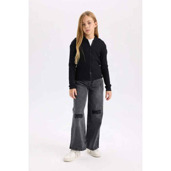 D3350 Kapüşonlu Fitilli Fermuarlı Siyah Kaşkorse Hırka