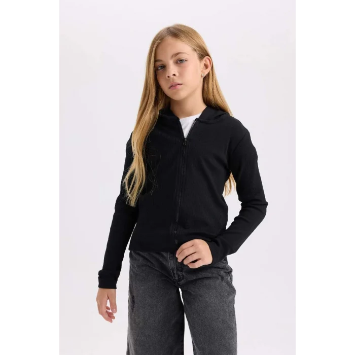 D3350 Kapüşonlu Fitilli Fermuarlı Siyah Kaşkorse Hırka